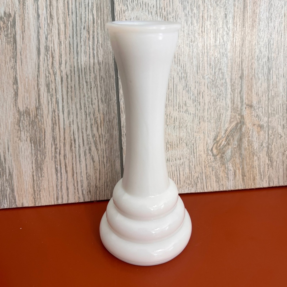 Vintage Randall Milk Glass Bud Vase White beehive Triple Ring Base 6 Inch Decor